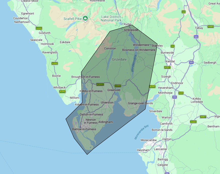 Map of Cumbria Cleaning's coverage area — Barrow-in-Furness, Dalton-in-Furness, Askam-in-Furness, Ulverston, Grange-over-Sands, Newby Bridge, Windermere, Bowness, Ambleside, Coniston and surrounding villages across the Furness Peninsula and the southern Lake District. Postcodes LA11, LA12, LA13, LA14, LA15, LA16, LA17, LA20, LA21, LA22, LA23.