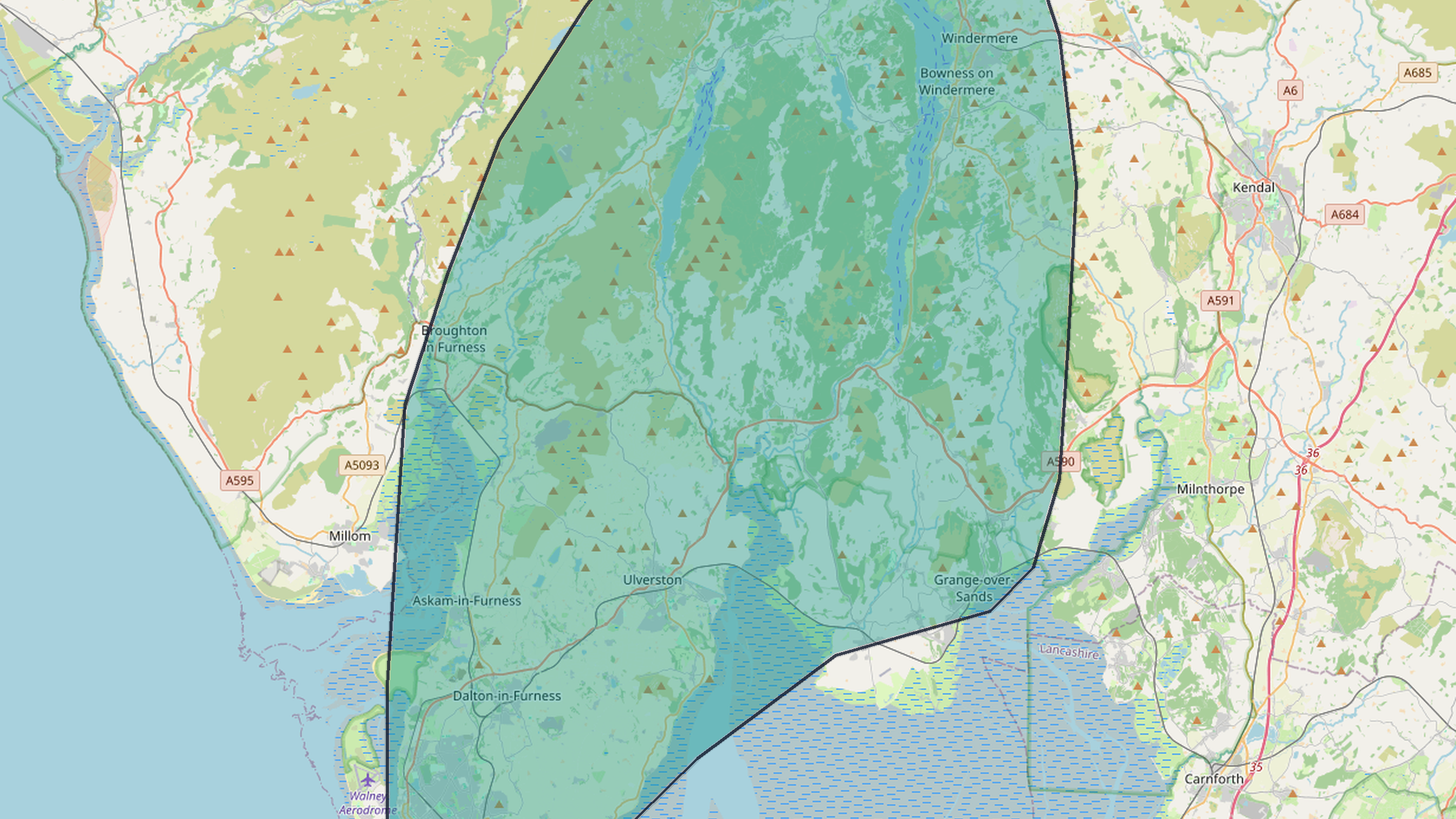 Map of Cumbria Cleaning's coverage area — Barrow-in-Furness, Dalton-in-Furness, Askam-in-Furness, Ulverston, Grange-over-Sands, Newby Bridge, Windermere, Bowness, Ambleside, Coniston and surrounding villages across the Furness Peninsula and the southern Lake District. Postcodes LA11, LA12, LA13, LA14, LA15, LA16, LA17, LA20, LA21, LA22, LA23.
